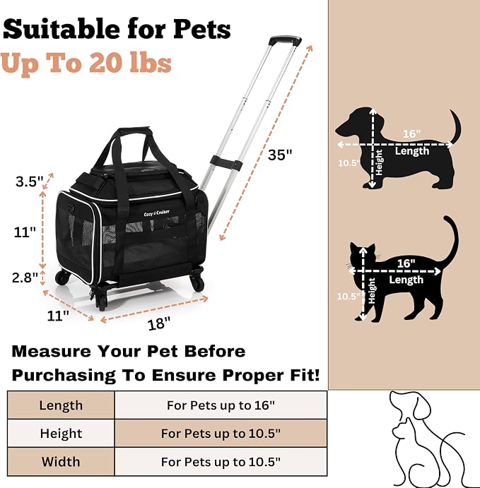 Airline Approved Top-Expanding Pet Carrier on Wheels- Extra Spacious Soft Lined Carrier! 18x11x11 (Mesh Sides)
