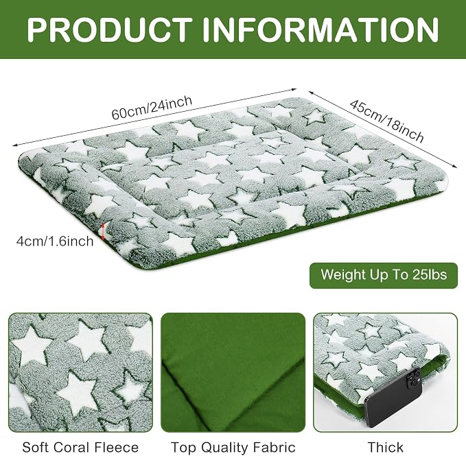 VitalCozy 4 Pcs Dog Crate Pads, Ultra Soft Warm Washable Anti-Slip Kennel Bed Mat for Pets, Reversible, Replaceable, Cage Liner for Small Medium Large Dogs and Cats(18 x 24 x 1.6 Inch,Star,Green)