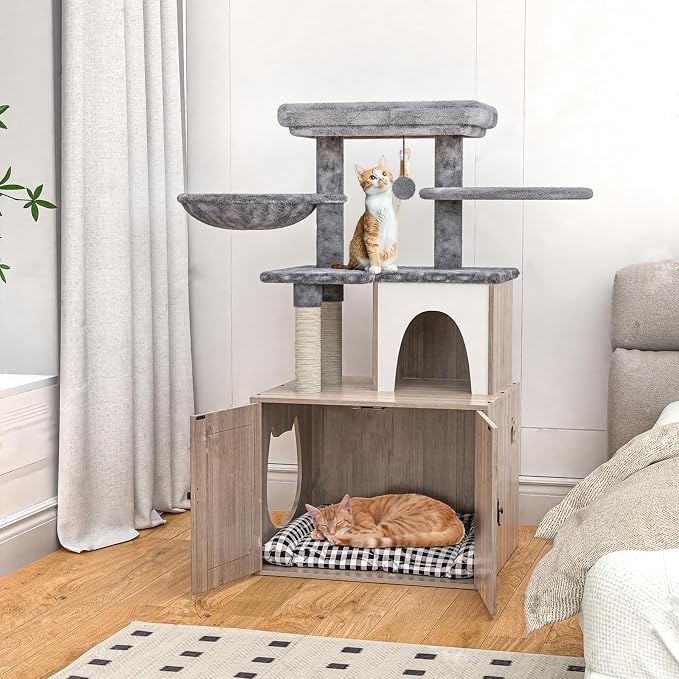 HavenlyYouth Litter Box Enclosure with Cat Tree,Cat Tree with Litter Box Enclosure,Hidden Pet Washroom Furniture with Sisal Scratching Post,Hammocks,Condo,Multiple Platform,Soft Plush Perch, Grey