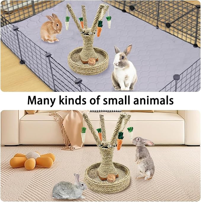 Hamiledyi Bunny Chew Toys Rabbit Rattan Grass Scratcher Climbing Tree Fun Tree Carrot Play Toys 4 Pcs Rabbit Chew Ball Timothy Grass Ball Small Animal Activity Play Chew Toys Teeth Grinding