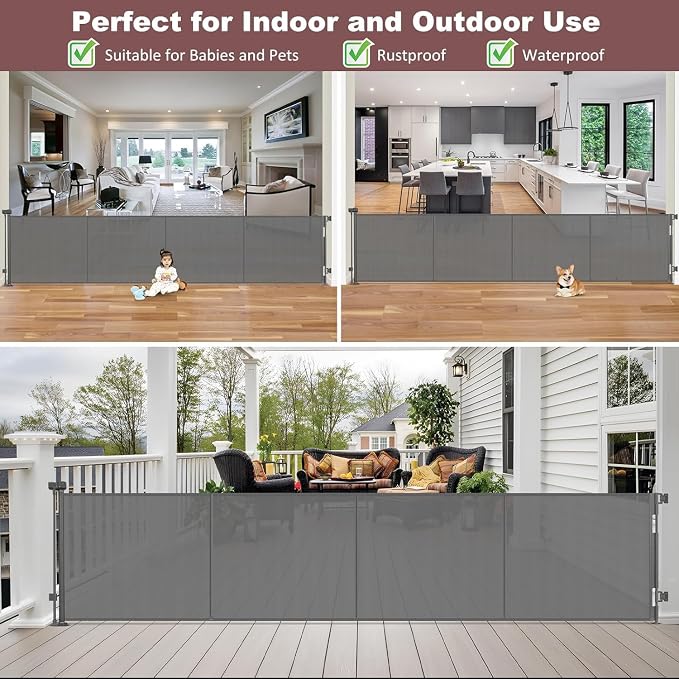 Reinforced 41" Extra Tall Retractable Baby Gates Extra Wide Dog Gate 150" Retractable Pet Gate with Support Rods, Indoor Mesh Gates for Kids or Pets Retractable Fence Outdoor Extra Tall Dog Gate, Gray