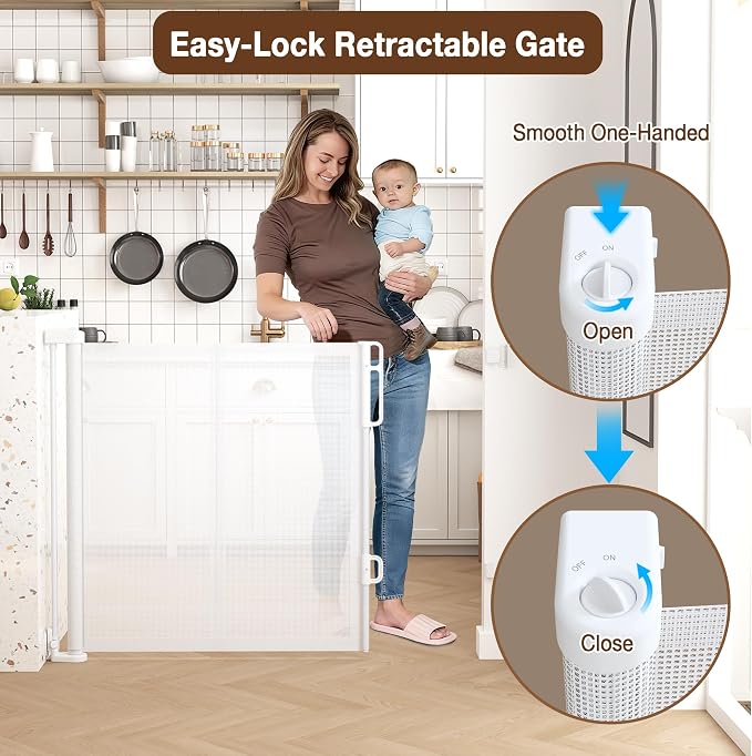 Upgraded 200 inch Retractable Baby Gates Extra Wide with Reinforced Strip Design to Prevent Crawling Through, 13 Foot Retractable Dog Gate, No Drilling, Retractable Gate for Indoor/Outdoor