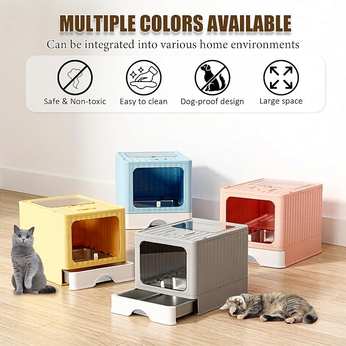 Stainless Steel Cat Litter Box With Lid, Top & Front Entry Enclosed Metal Litter Box, Large Covered Drawer Type Foldable Cat Litter Pan With Litter Scoop & Mat, Easy to Clean,Odor Control (Grey)