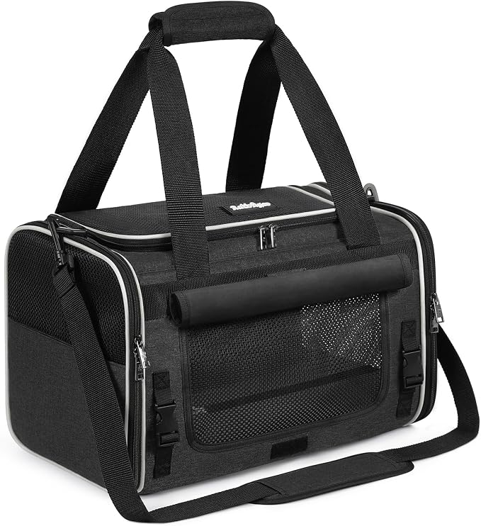 rabbitgoo Cat Carrier Soft, Pet Bag with Rollable Flap for Anxious Kittens, Travel Safe for Car Airline, Collapsible Portable Carrying for Small to Medium Cats, Black, 17" L x 11" W x 11" H