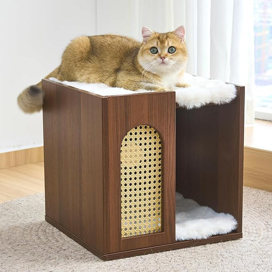2-Tier Wooden Indoor Cat House for Large Cats, Sturdy & Durable Semi-Enclosed Cat Bed Condo with Removable Washable Plush Cushion, Multi-Functional Cat Furniture, Easy Video Assembly