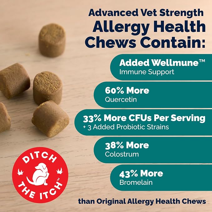 Vetnique Dermabliss Dog Allergy Chews Advanced Strength for Itch & Skin Relief, Anti-Itch Supplement with Aller-Biotic Pro, Quercetin, Wellmune & Omega 3 (120ct, Advanced Strength Chews)