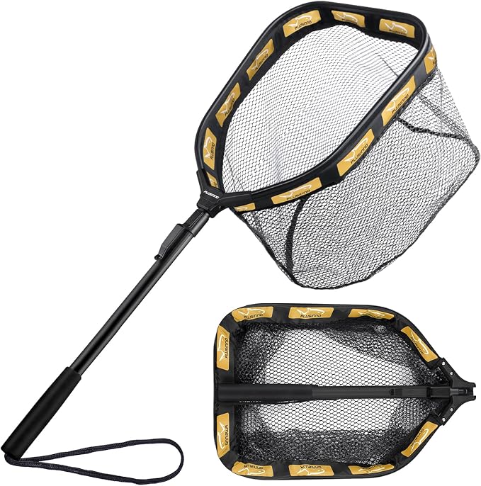 PLUSINNO Floating Fishing Net for Steelhead, Salmon, Fly, Kayak, Catfish, Bass, Trout Fishing, Rubber Coated Foldable Landing Net with Fixed or Telescoping Pole Handle, Fishing Gear and Gifts for Men