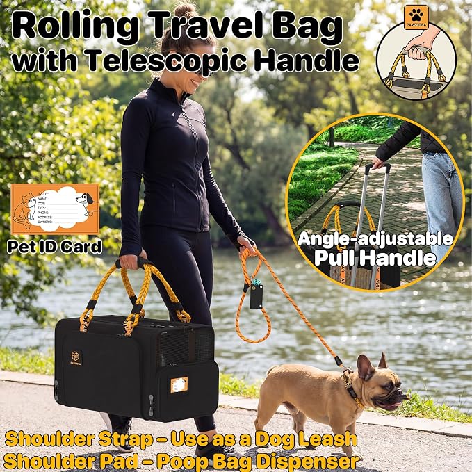 PAWZIDEA Expandable Pet Carrier with Wheels, 18"x11"x11" TSA Airline Approved Cat Carrier for 2 Cats Under Seat, Collapsible Soft-Sided Small Dog Rolling Travel Bag with Telescopic Handle, Up to 18lbs