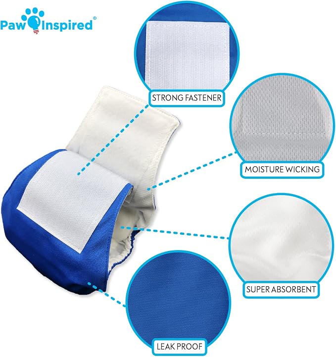 Paw Inspired 3-Count Reusable Male Dog Wraps, Washable Diapers for Male Dogs, Belly Bands for Incontinence, Surgery, Male Marking (Small Size, Assorted Colors with White Lining, Pack of 3)