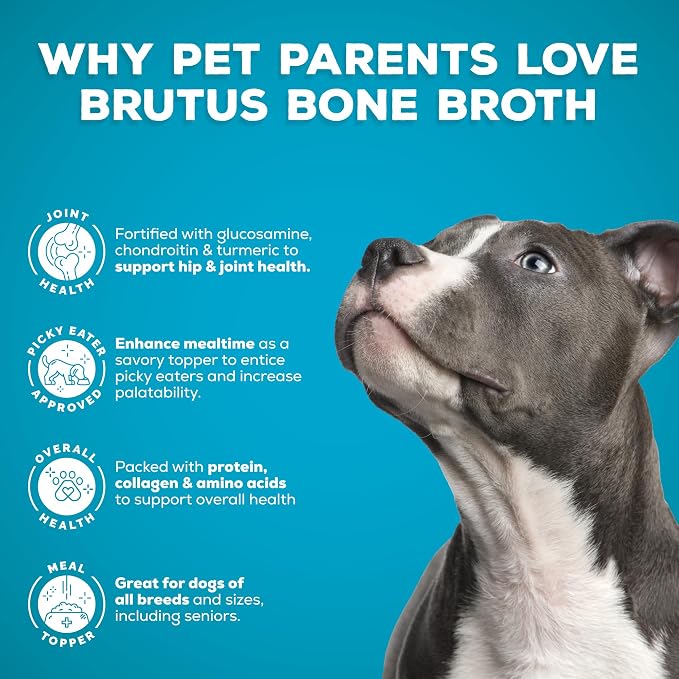 Brutus Bone Broth Liquid for Dogs | All Natural | Made in USA | Glucosamine & Chondroitin for Healthy Joints | Human Grade Ingredients | Hydrating Dog Food Topper, Gravy & Treat (Beef & Pork)