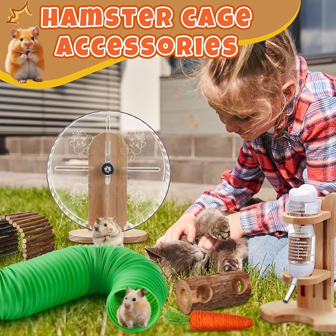 Hamster Cage Accessories & Habitat Set, Wooden 3 Room Maze House, Adjustable Silent Wheel, Water Bottle Set, Log Tunnel Tube & Chew Toys, 19 Pcs Complete Kit for Dwarf Hamster Gerbil Mouse
