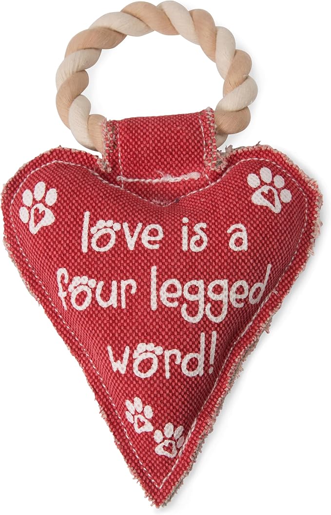 Pavilion Gift Company 45611 Pavilion's Pets-Red Heart Shaped Canvas and Rope Dog Squeaky Toy-Love is a Four Legged Word, Dog, Best for Medium- Large Breeds