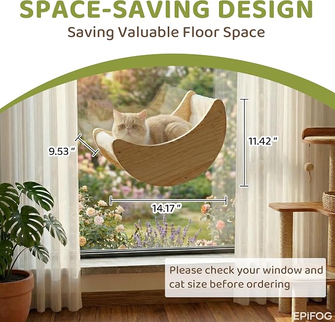 Cat Window Bed with Detachable Soft Cushion, Suction Cup Mounted Cat Window Perch, Solid Wood Window Hammock for Cats Inside, Indoor Resting Seat, White Cushion