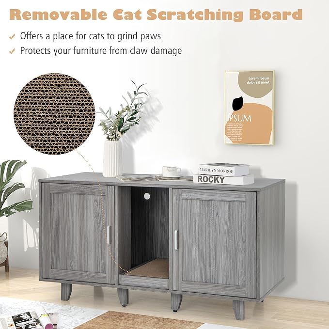 Tangkula Patented Double Cat Litter Box Enclosure for 2 Cats, Large Stackable Hidden Privacy Cat Washroom Cabinet with Scratching Board, Indoor Cat House TV Stand, Litter Box Furniture (Grey Oak)