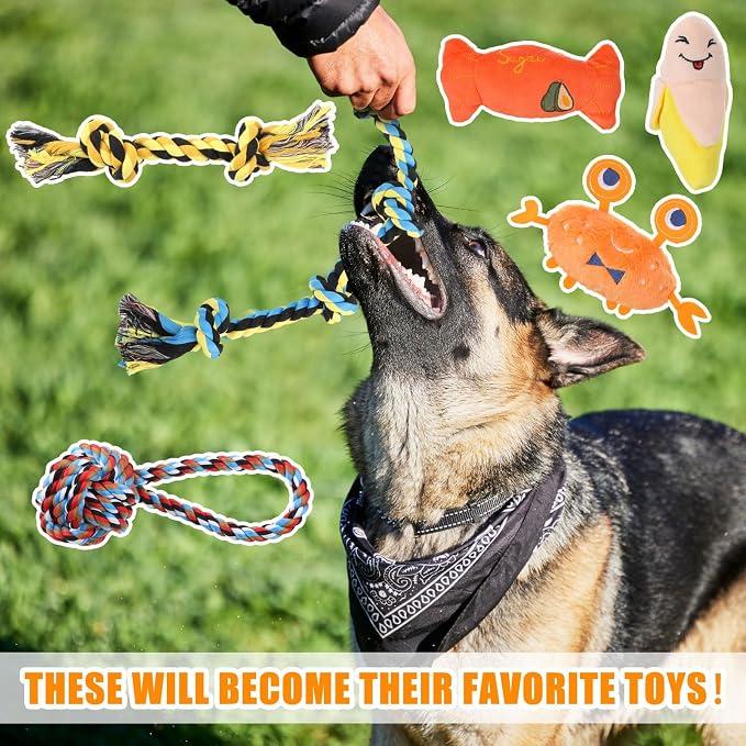 Leyndo 40 Pack Dog Chew Toys for Aggressive Dogs Plush Squeaky Rope Toys for Medium and Large Breed Pet Tug of War Teething Chew Tug