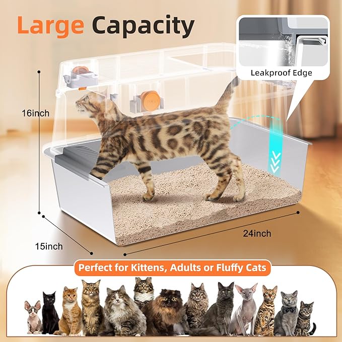 Mlzao 20L Stainless Steel Cat Litter Box with Lid, XL Enclosed Metal Litter Box with Hinged Flip-Top, Leakproof High Sides for Odor Control, Top/Front Dual Entry for Large Cats 24" × 15" × 16" - Grey