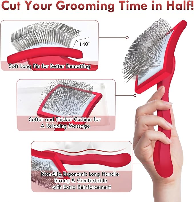 Large Slicker Brush for Dogs - 3-Piece Solid Wood Dog Grooming Kit for Doodles and Poodles - for Wavy, Curly & Matted Hair, Red
