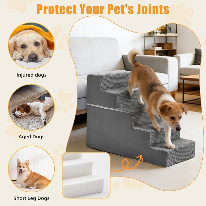 5-Step Dog Stairs for Large Dogs and Cats, 23in H Dog Steps for Couch, Sofa, Chair, Durable Non-Slip Sturdy Pet Steps, Pet Ramp for High Bed Indoor
