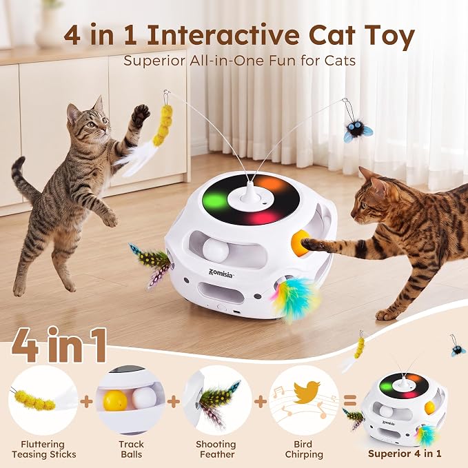 ZOMISIA 4 in 1 Automatic Interactive Cat Toy, Rechargeable Cat Toys for Indoor Cats with Fluttering Teasing Sticks, Trackballs, Shooting Feathers and Bird Chirping for Bored Indoor Adult Cats