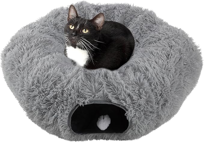 Cat Tunnel with Bed for Indoor Cats - 3FT Multifunctional Cat Tunnel Bed with Toys - Soft, Plush Peekaboo Cat Cave for Kittens, Cats, Ferrets, and Rabbits - Cat Products by PETMAKER (Gray)