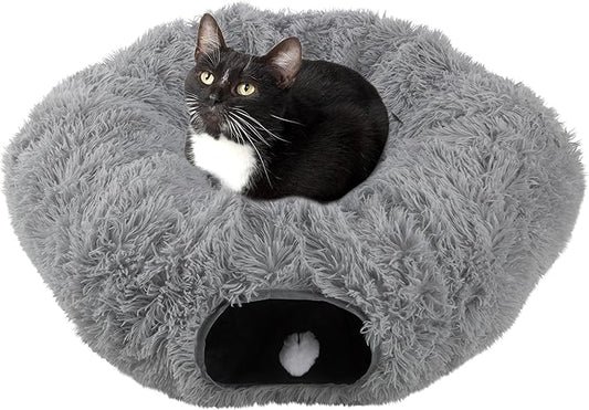 Cat Tunnel with Bed for Indoor Cats - 3FT Multifunctional Cat Tunnel Bed with Toys - Soft, Plush Peekaboo Cat Cave for Kittens, Cats, Ferrets, and Rabbits - Cat Products by PETMAKER (Gray)