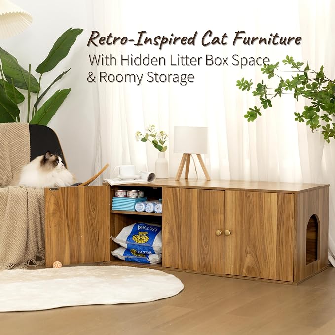 Cat Litter Box Enclosure Furniture with Storage, Hidden Litter Box Cabinet 42.5"L x 18.5"W x 16.9"H Double as Cat House TV Stand End Table for Living Room, Midcentury Modern Style (Oak, Plain Doors)