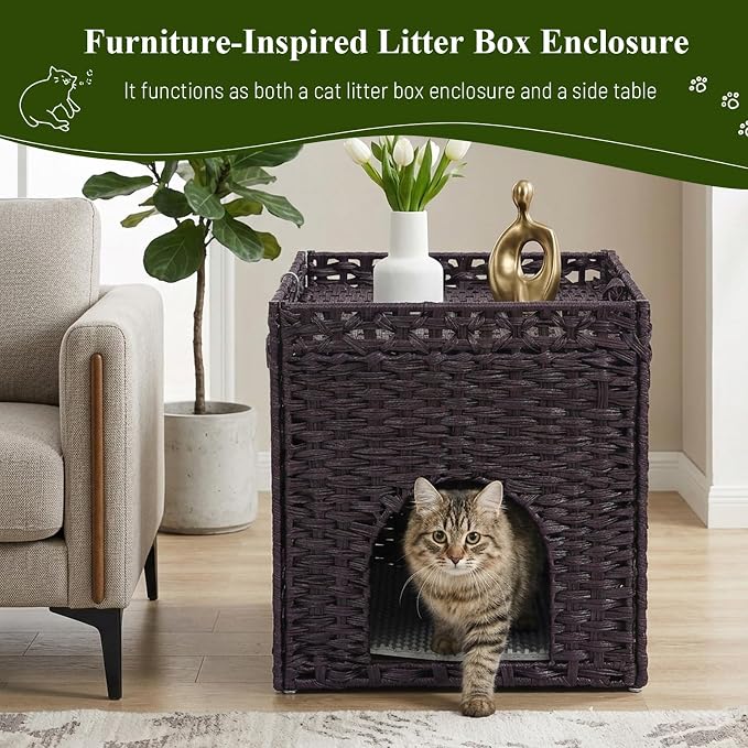 Neti Neti Cat Litter Box Enclosure Furniture, A Calm Enclosed Space Chosen by Cats, Handwoven Rattan Hidden Cabinet with 2 Removable Mats, Large Foldable Design for Indoor Use, Small, Brown