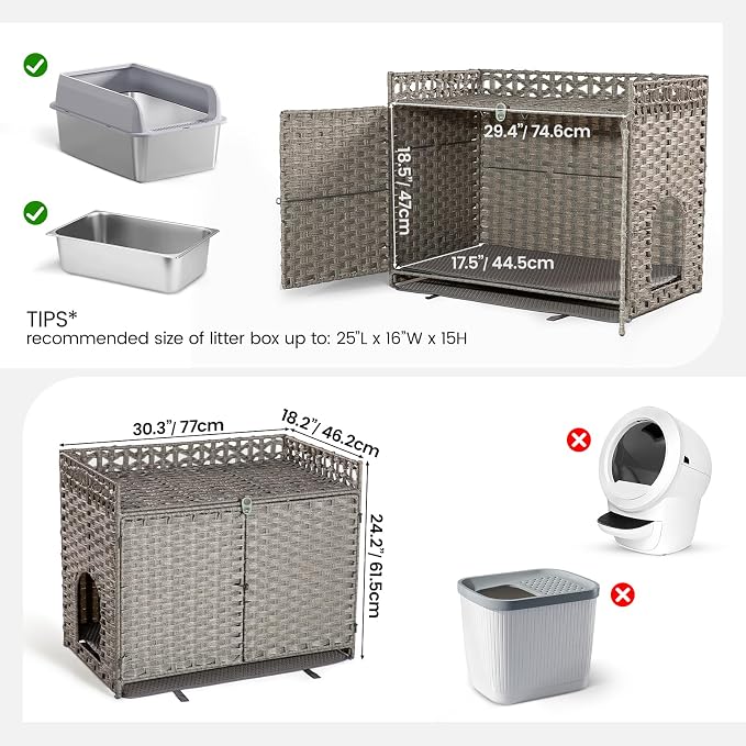 Furriends Cat Litter Box Enclosure with 2 Litter Mats, Hidden Litter Box Cabinet for Dust and Order Control, Litter Box Hider, Handwoven Rattan Cat House with Three-sided Fenced Top (Grey)