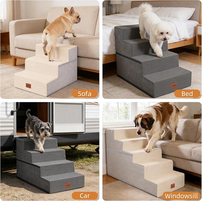 Dog Stairs for Small Dogs, 18" H, 4-Step Pet Steps for Bed Couch Sofa and Chair, Non-Slip Balanced Pet Ramp for Injured & Senior Pets with Washable Cover and Durable High Density Foam,Beige