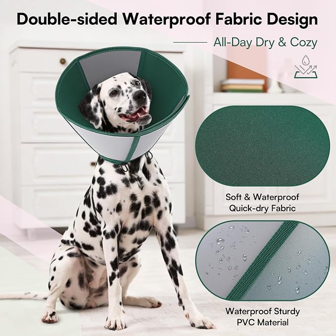 Queenmore Dog Cones for Large Dogs, Cone for Dogs to Stop Licking After Surgery, Adjustable Waterproof Dog Cone Collar Alternative, Comfortable Pet Recovery E-Collar (Dark Green,L)