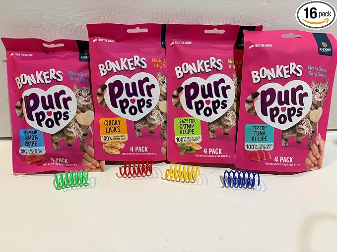 Bonkers Purr Pops Variety Pouch Bundle, 4-Count Each Flavor: Tip Top Tuna, Crazy for Catnip, Chicy Licks, and Lip Smackin' Salmon Combined with 4 Colorful Spring Toys