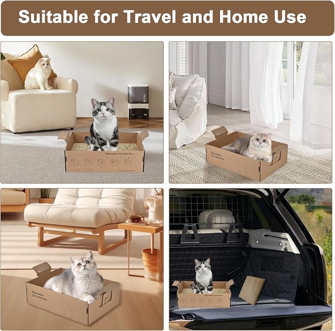 6 Pack Disposable Litter Boxes for Cats, 17.4" x 12.3" x5.4" Large Cardboard Cat Litter Box, Extra Thick Portable Travel Litter Box for Cats, Foldable, Waterproof, Leak Resistant (Large, Count, 6)