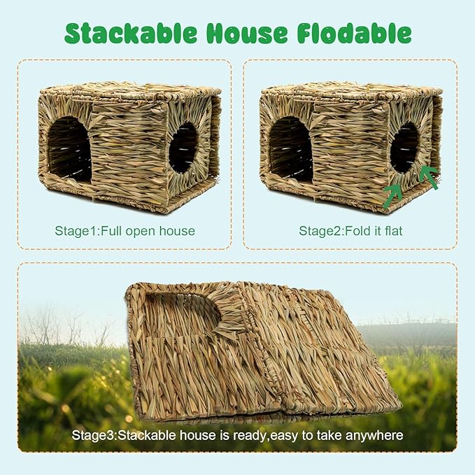 BWOGUE Extra Large Grass House for Rabbits,Hand Crafted Natural Grass Hideaway Foldable Bed Hut with Openings Playhouse for Bunny Guinea Pig Chinchilla Ferret for Play and Sleep