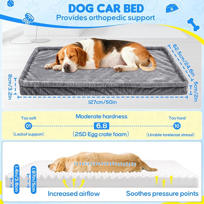 Dog Car Bed, Non-Slip Backseat Extender Pet Mat, Removable Washable Dog Bed for SUVs, Sedans & Trucks, Anti-Slip Travel Bed for Dogs, Easy Clean & Scratch-Proof & Comfort (Dark Gray, 50"L×24.6"W×2"H)