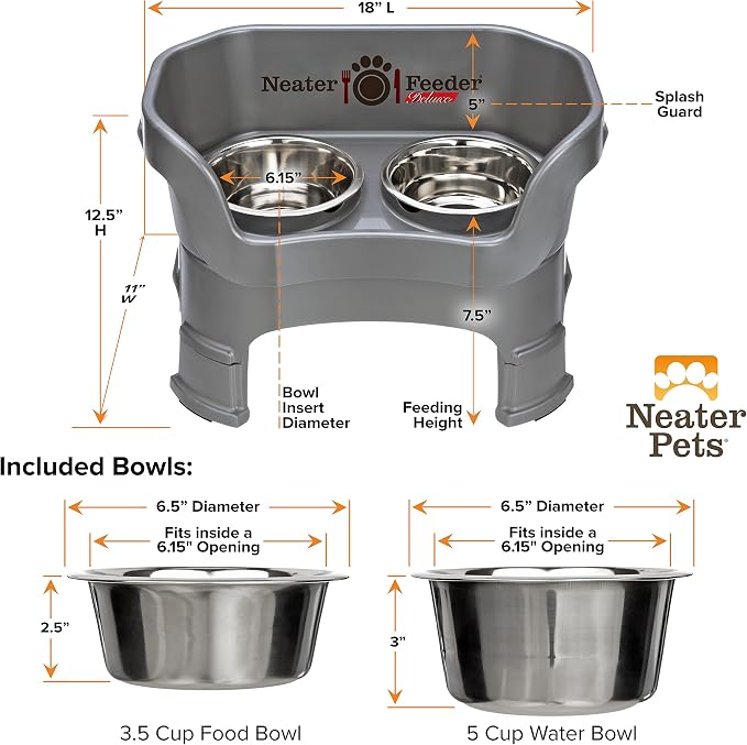 Neater Feeder Deluxe Mess-Proof Elevated Dog Bowls for Medium Dogs (19–40 lbs), 2 Height Adjustable (10” & 12.5”) No-Spill Raised Dog Bowl Stand, Stainless Steel Food Bowl Set, Made in USA, Gunmetal