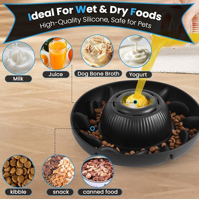 PUPPYGANG 2-in-1 Slow Feeder Dog Bowl for Large Dogs — Silicone Dry Food Maze & Wet Food Lick Ball with Suction Cup, Interactive Puzzle Feeder, Non-Slip & Detachable, Easy to Clean (Black)