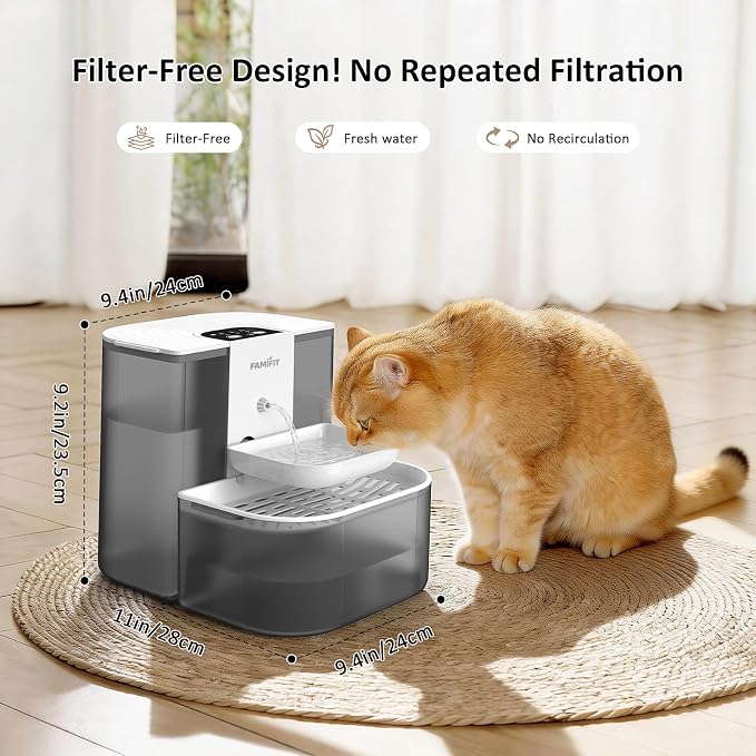 [New Upgrade] Famifit 4.5L+2L Automatic Cat Water Fountain (Non-Heated), 2000mAh Battery, Timed 3/6/9H & 80/100/120ml Control, Clean Water System, No Filter, Ceramic Bowl, Ultra Quiet