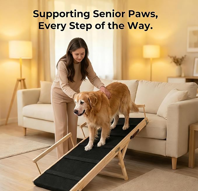 Wooden Dog Ramp for Bed and Couch, 4 Adjustable Heights Folding Pet Ramp with High Traction Fabric Surface, Portable Solid Pine Wood Dog Steps for Couch, Max 45KG (Large)