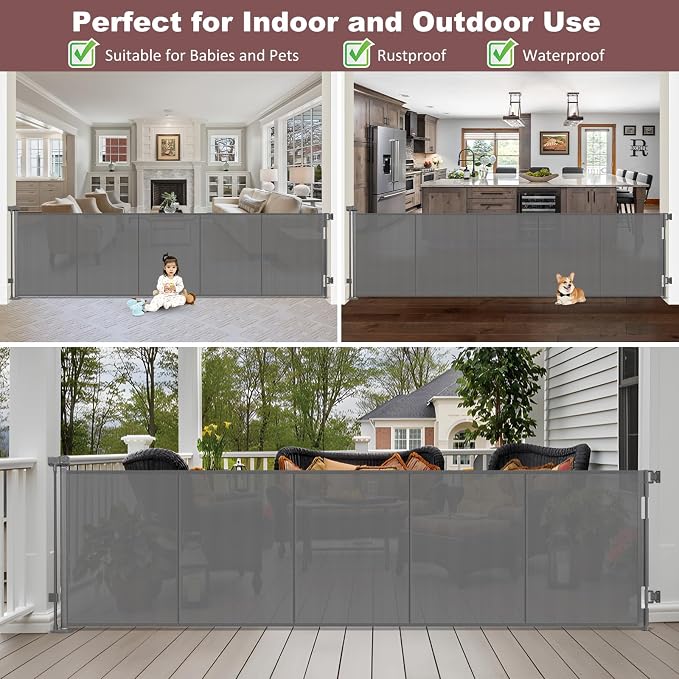 Reinforced 41" Extra Tall Pet Gate 120" Extra Wide Baby Gates for Large Openings, Extra Tall Retractable Baby Gates with Support Rods, Indoor Outdoor Large Dog Gate, Gray