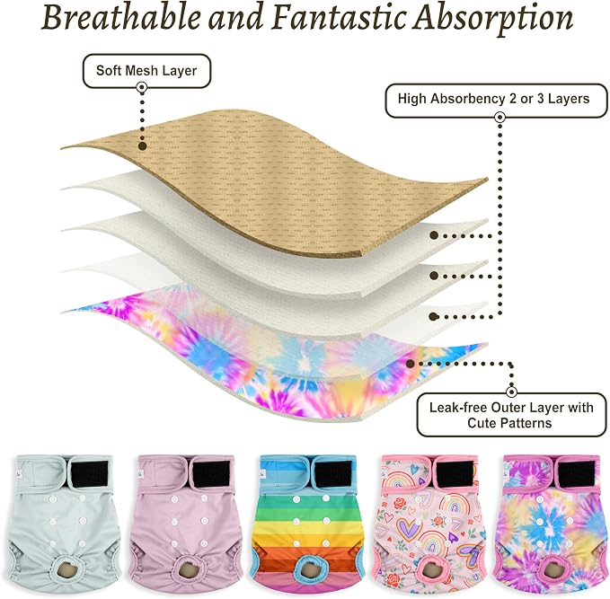 Female Dog Diapers 5Pcs - Premium Reusable Diapers for Doggie in Heat - Highly Absorbent Dog Diapers Female for Pet Incontinence with Adjustable Snaps,Rainbow,S