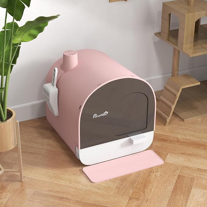 PawHut Cat Litter Box with Lid, Covered Litter Box for Indoor Cats with Tray, Scoop, Mat, Filter, 17" x 17" x 18.5", Pink