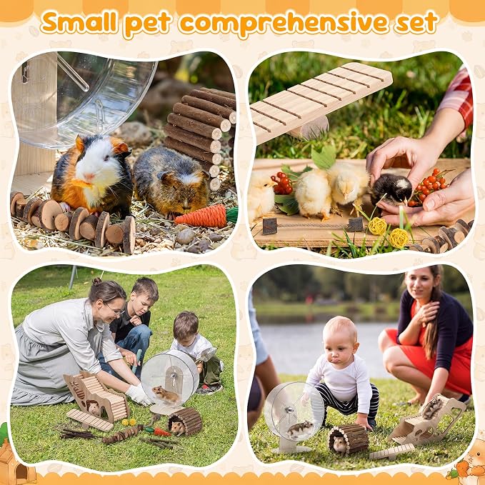 11 Pcs Hamster Cage Accessories Set, Bridge, Exercise Wheel, Swing, Chew Toys & More, Natural Wood Hamster Play Set for Dwarf Hamsters, Mice Small Animals Habitat (Maze Tunnel)