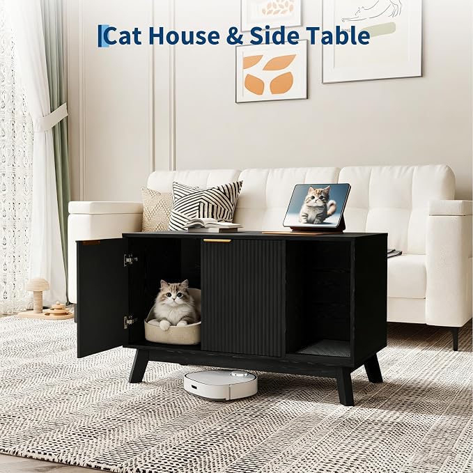 Garvee Cat Litter Box Enclosure, 39" Litter Box Enclosure Furniture Hidden Litter Box with Cat Litter Mat and Ventilated Holes, Modern Indoor Cat House, Side End Table for Living Room, Black