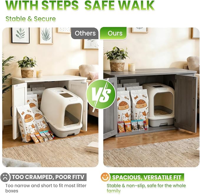 Modern Wooden Cat Litter Box Enclosure, Hidden Washroom Cabinet with Double Doors and Side Entry, Large Cat House End Table, Easy-Clean Sturdy Furniture