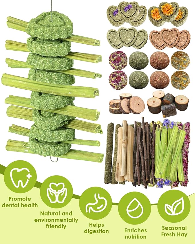 DIY Rabbit Chew Toys,Rabbit Toy for Bunnies Boredom Bunny Toys for Teeth, Timothy Stick, Apple Sticks, Sweet Bamboo, for Guinea Pig, Hamster, Chinchilla, Rat, Small Animals