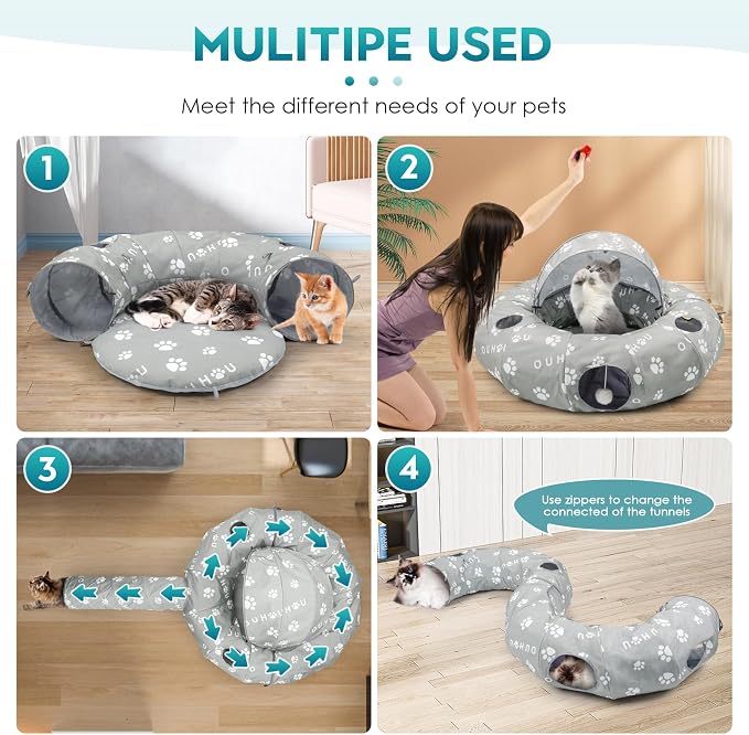 Cat Tunnel Bed for Indoor Cats, Donut Tunnel with Mat, Straight Tunnel, 4 Hanging Balls and Blackout Tent, Collapsible Peekaboo Cat Cave