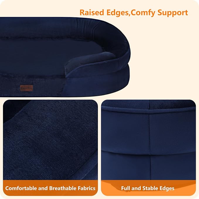 Dwanton Orthopedic Dog Bed for Extra Large Dogs with Gel Memory Foam, Waterproof Dog Sofa, Washable Pet Bed with Four Sided Bolster Cushion, Removable Cover & Non-Slip Bottom, 45", Navy Blue