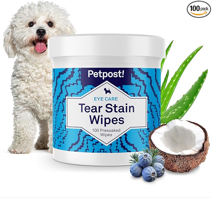 Petpost Tear Stain Remover Wipes for Dogs | 100 Count Gentle Eye Wipes with Juniper Berry & Coconut | Dog Face Wipes for Tear Stains & Eye Discharge | Soft Cotton Pads, Bleach Free
