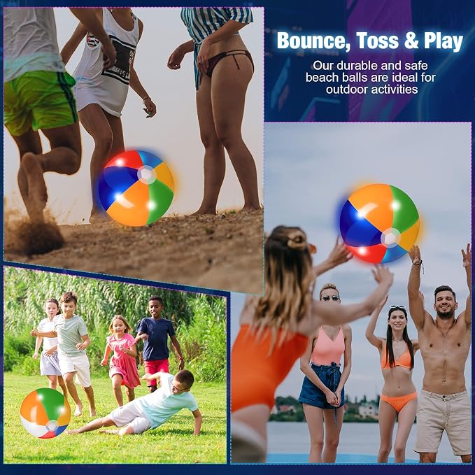 MiniInflat 12 Pcs Light up Beach Balls 16'' Jumbo Pool LED Balls Glow in the Dark Neon Giant Inflatable for Summer Hawaiian Tropical Theme Beach Party Decor Water Accessory (Rainbow)