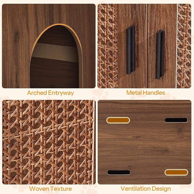 HOOBRO Farmhouse Cat Litter Box Enclosure, Hidden Litter Box Furniture with Side Entry & Vents, Litter Box Cabinet with Double Woven Doors, Side Table for Living Room, Bedroom, Walnut WL33MW01